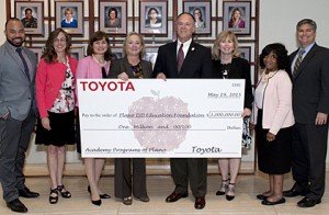 Pictured prior to the school board meeting are Javier Moreno, Toyota; Trustees Carrolyn Moebius, Tammy Richards and Nancy Humphrey; Michael Rouse, Toyota; Trustees Missy Bender, Marilyn Hinton and David Stolle.